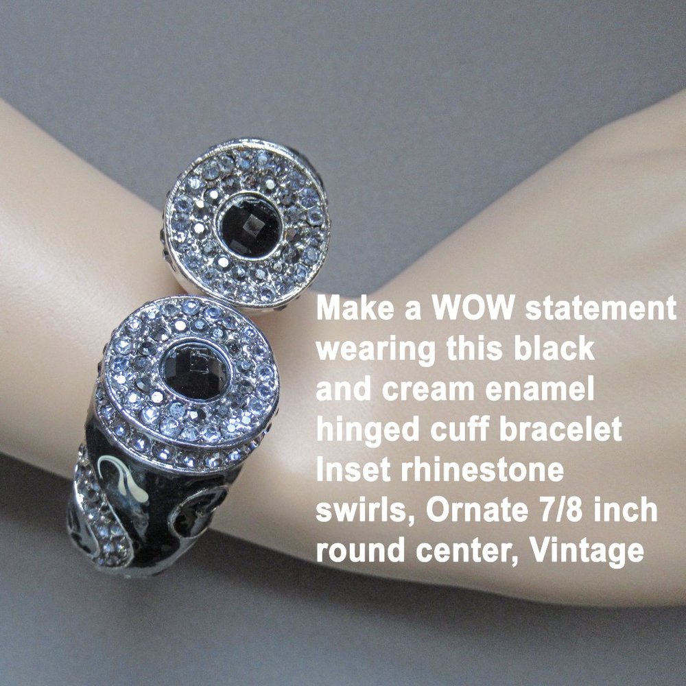 Ornate large black & cream enamel & rhinestones hinged cuff bracelet, VTG WOW!!